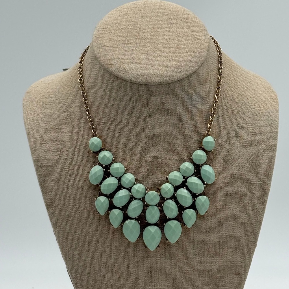 Mint Green Statement Bib Necklace Gold Tone Faceted Faux Stone Pastel Jewelry